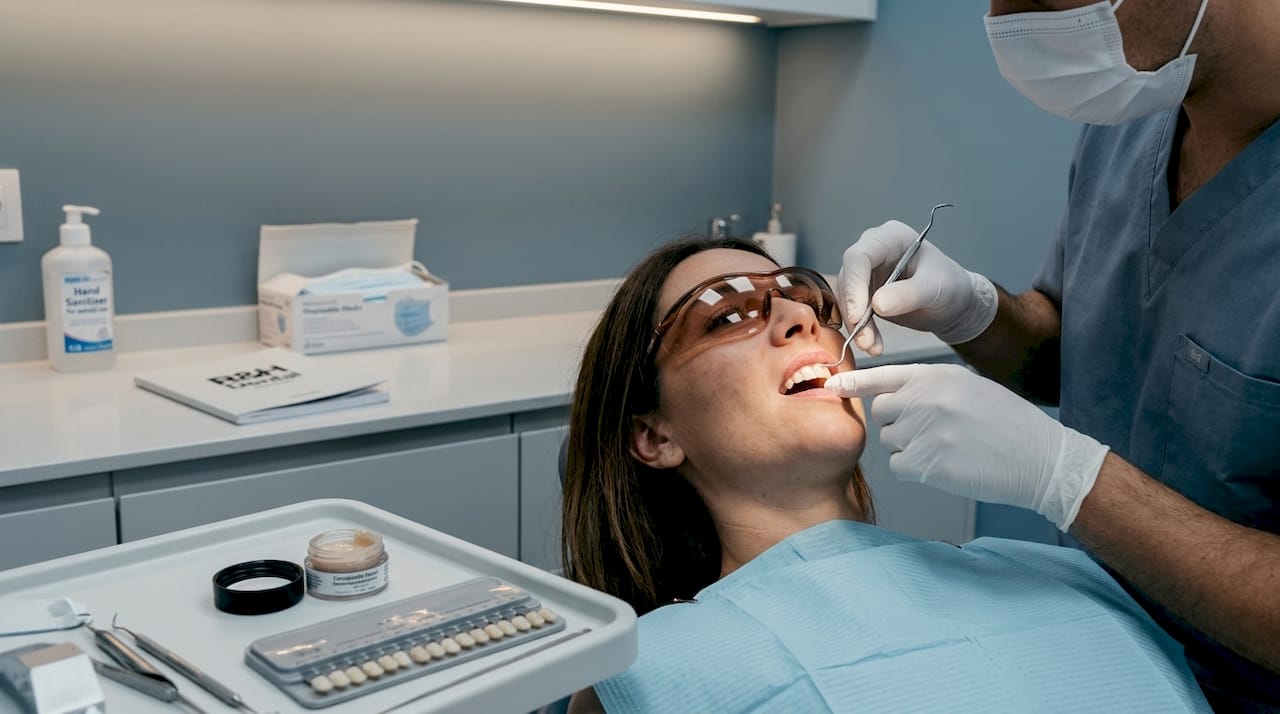 Escena ilustrativa de atención dental con instrumentos y una guía de color