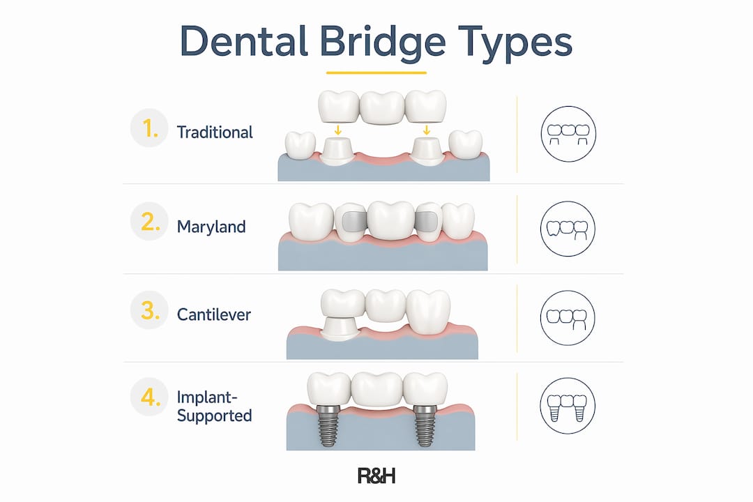 Infographic outlining four main dental bridge types