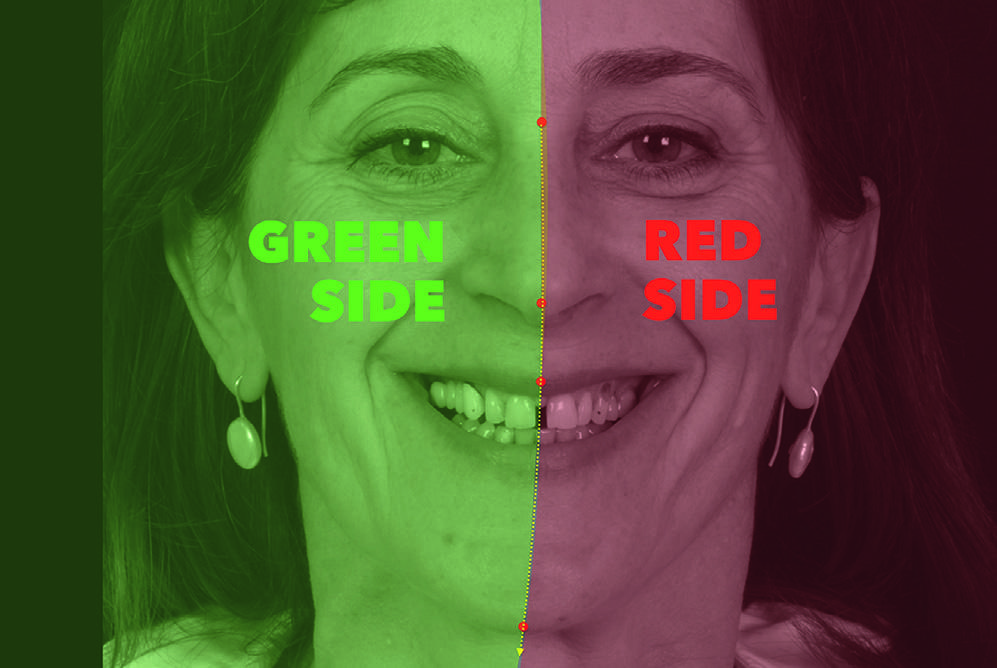 Diagrama Facial Flow con el lado verde a la izquierda de la imagen y el rojo a la derecha, separados por la línea de flujo facial