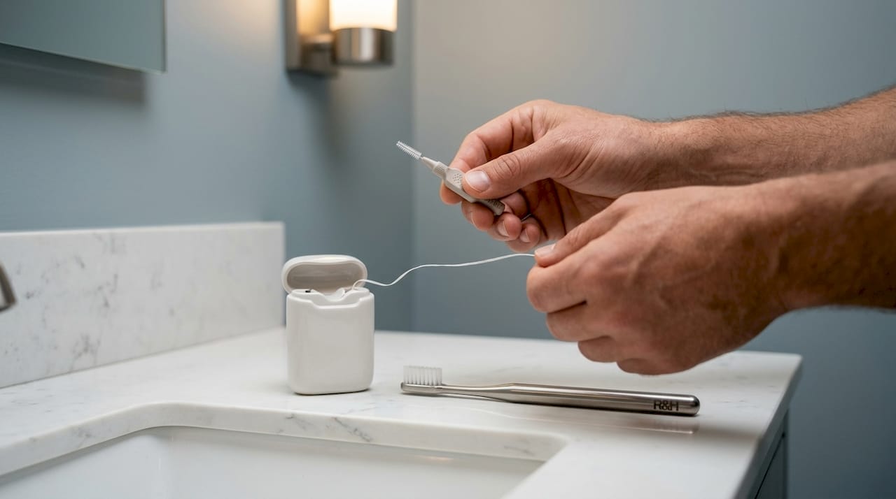 Imagen ilustrativa de manos sujetando hilo y un cepillo interdental