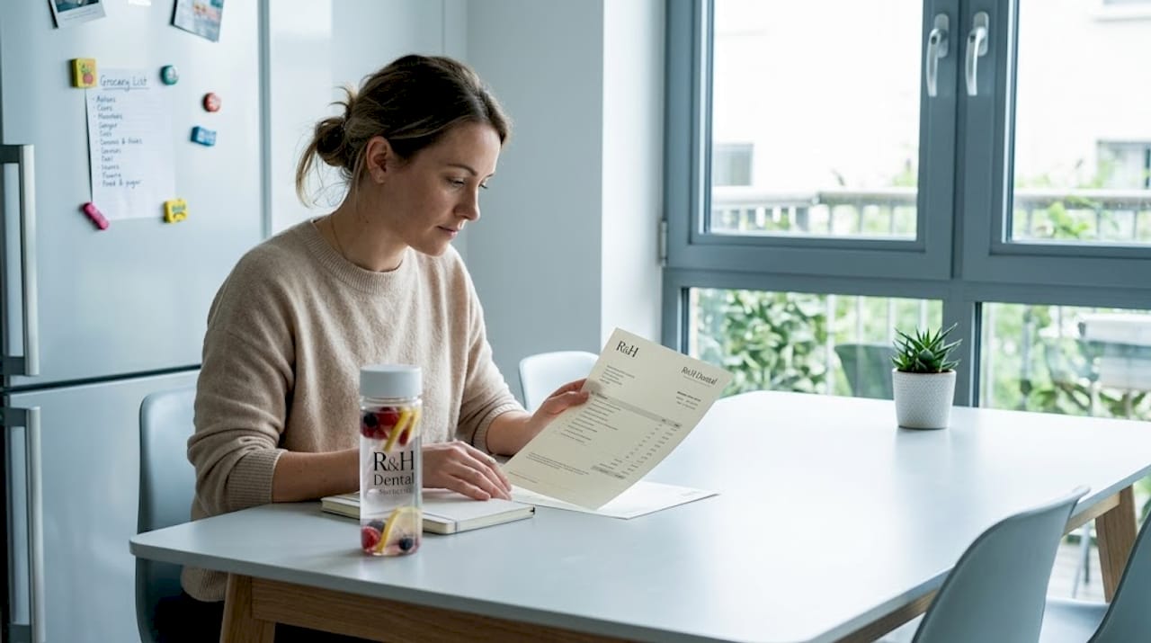 Patient reading itemized dental estimate at kitchen