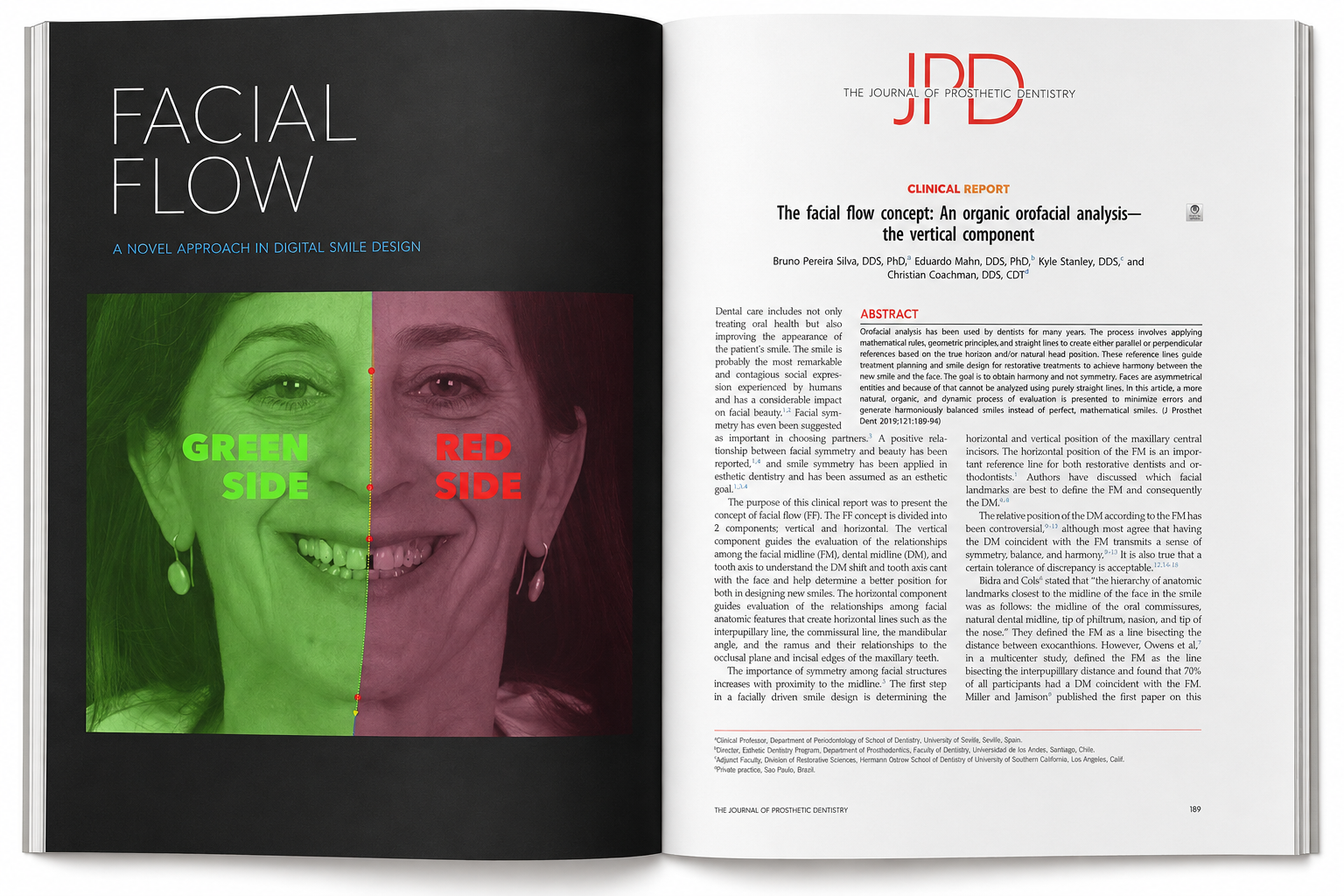 Composición con el esquema Facial Flow y el diagrama facial rojo y verde a la izquierda, y el artículo científico a la derecha