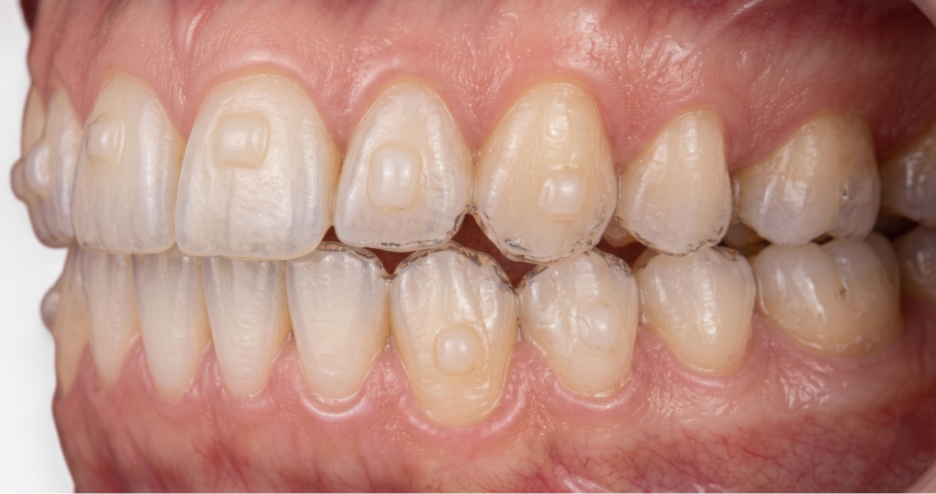 Close-up photograph of clear aligners over tooth-coloured attachments