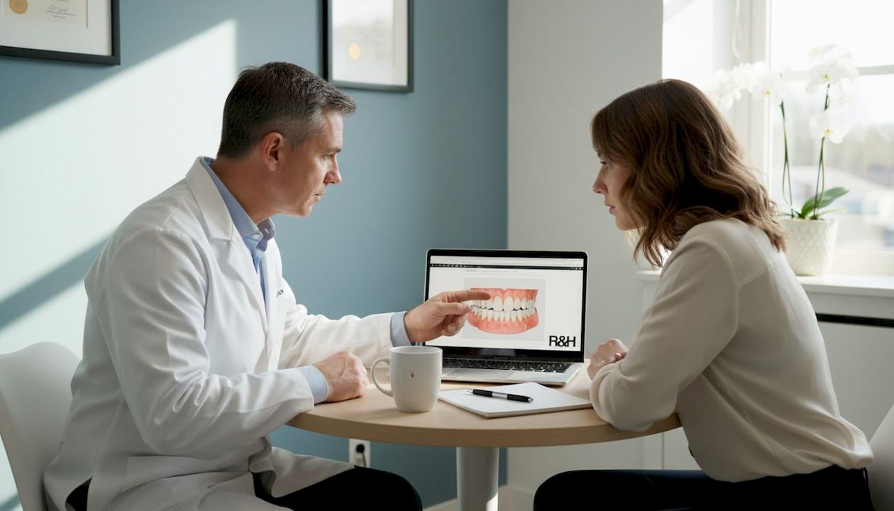 Escena ilustrativa de una conversación sobre un modelo dental en pantalla