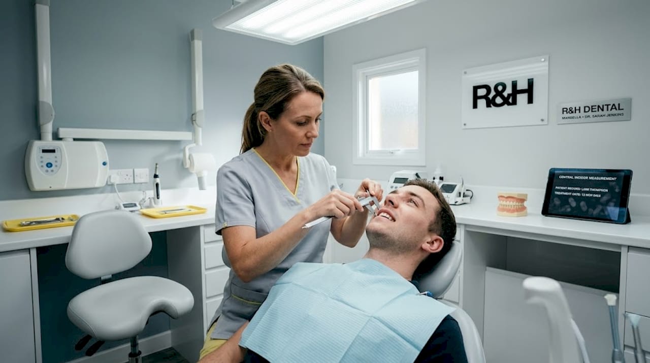 Escena ilustrativa de medición dental durante una consulta