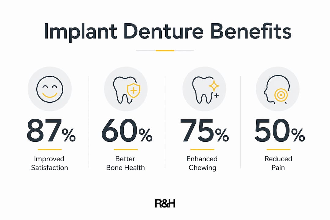 Infographic showing key benefits of implant-supported dentures
