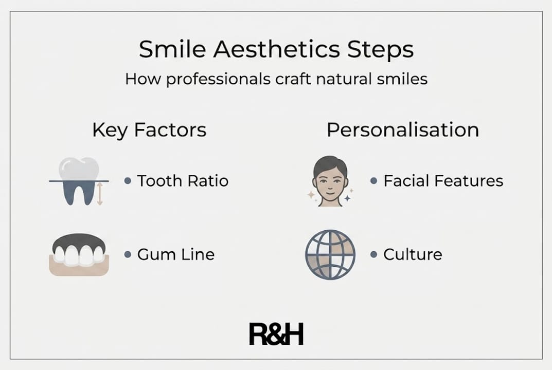 Infographic with dental smile aesthetics steps and factors