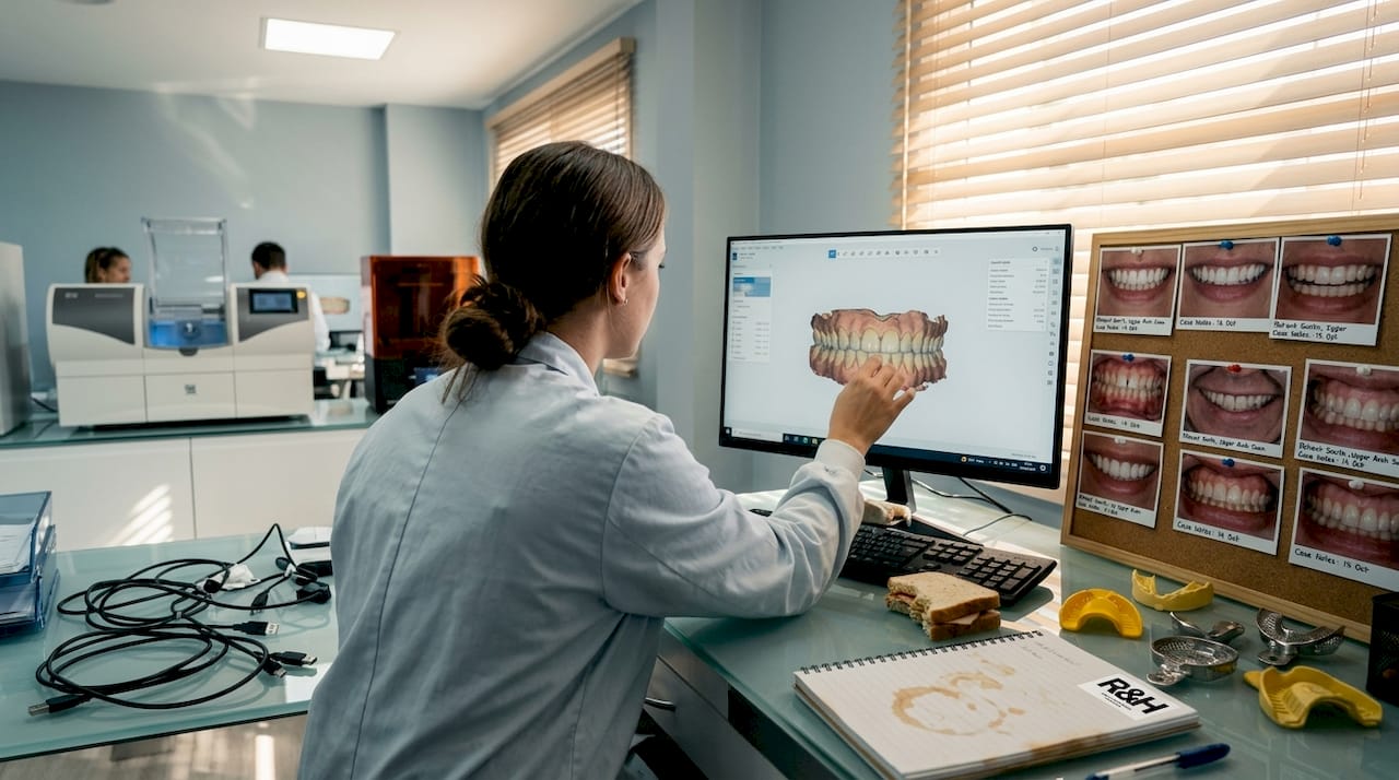 Escena ilustrativa de una persona revisando un modelo dental digital