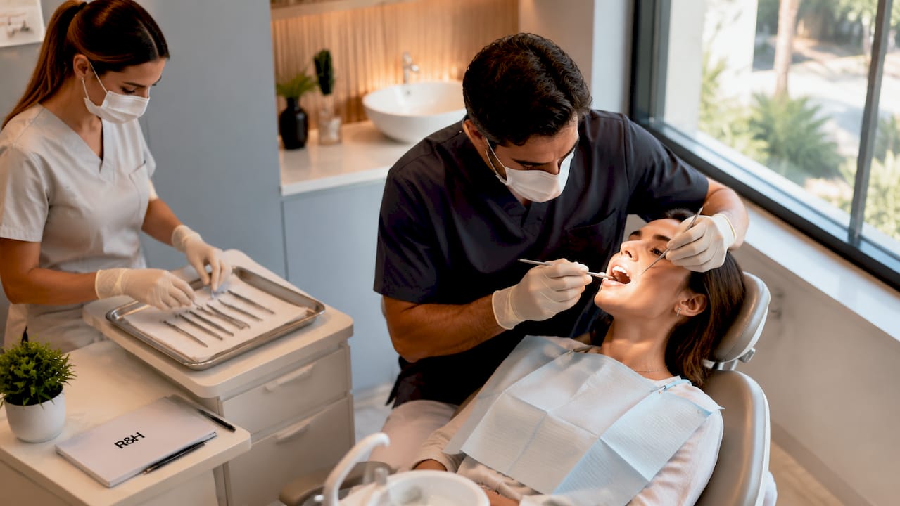 Dentist examining a patient during an urgent dental appointment