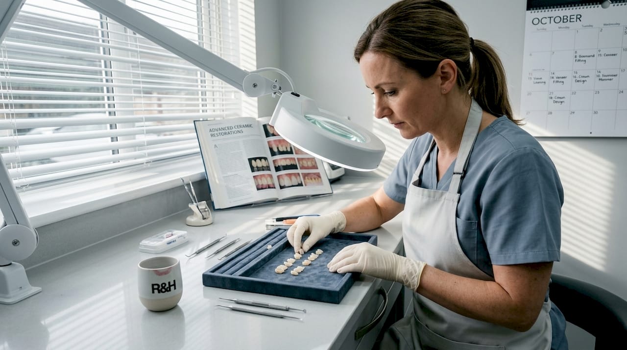 Dental technician arranging porcelain veneers