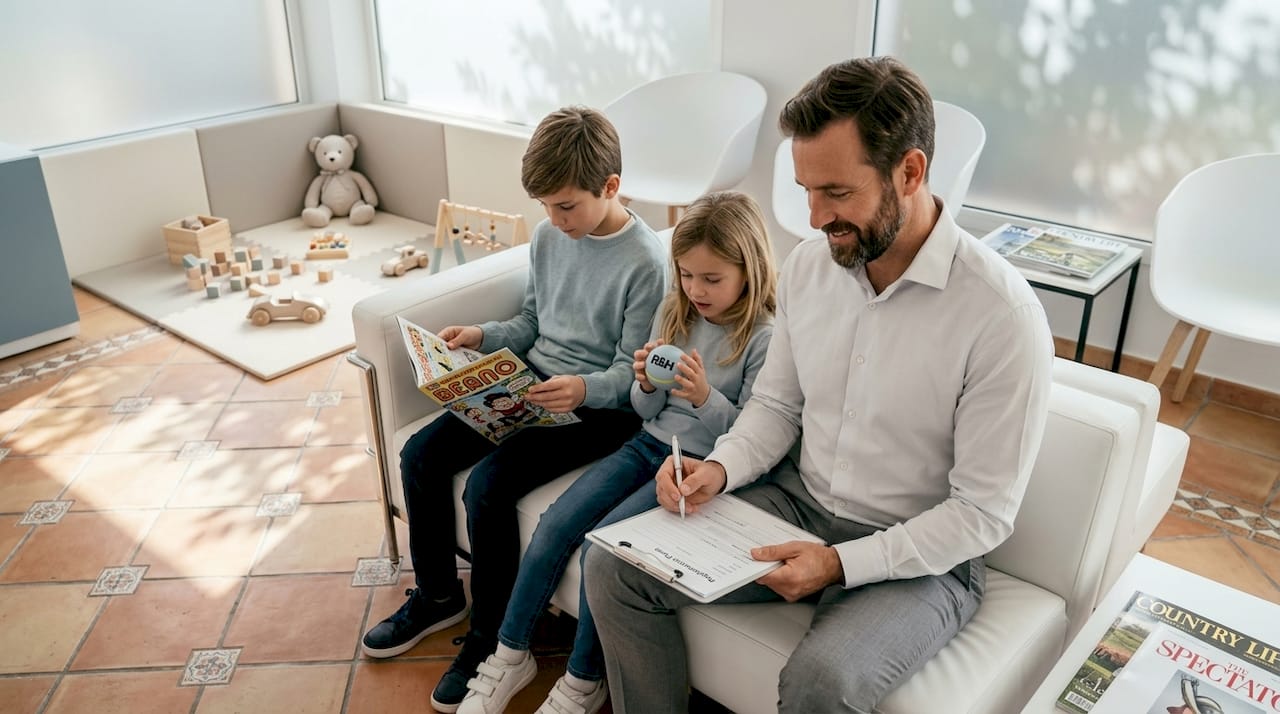 Imagen ilustrativa de una familia en la sala de espera dental