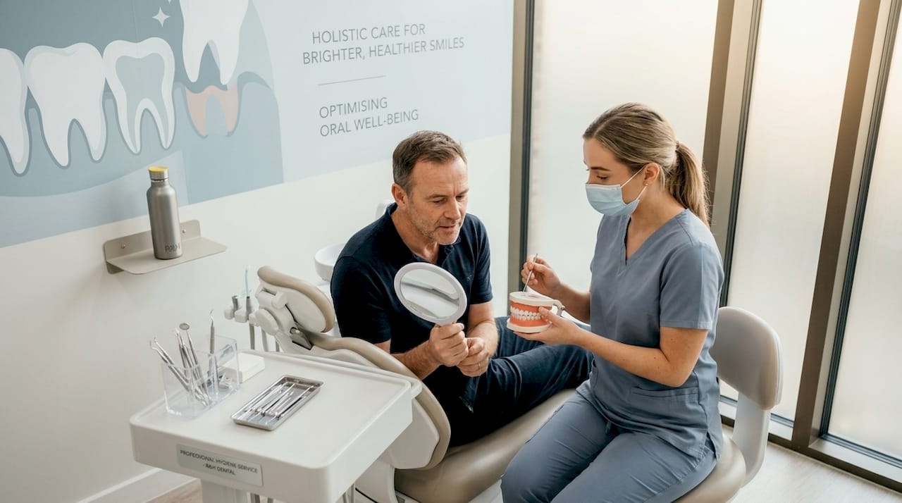 Escena ilustrativa de una explicación con modelo dental y espejo