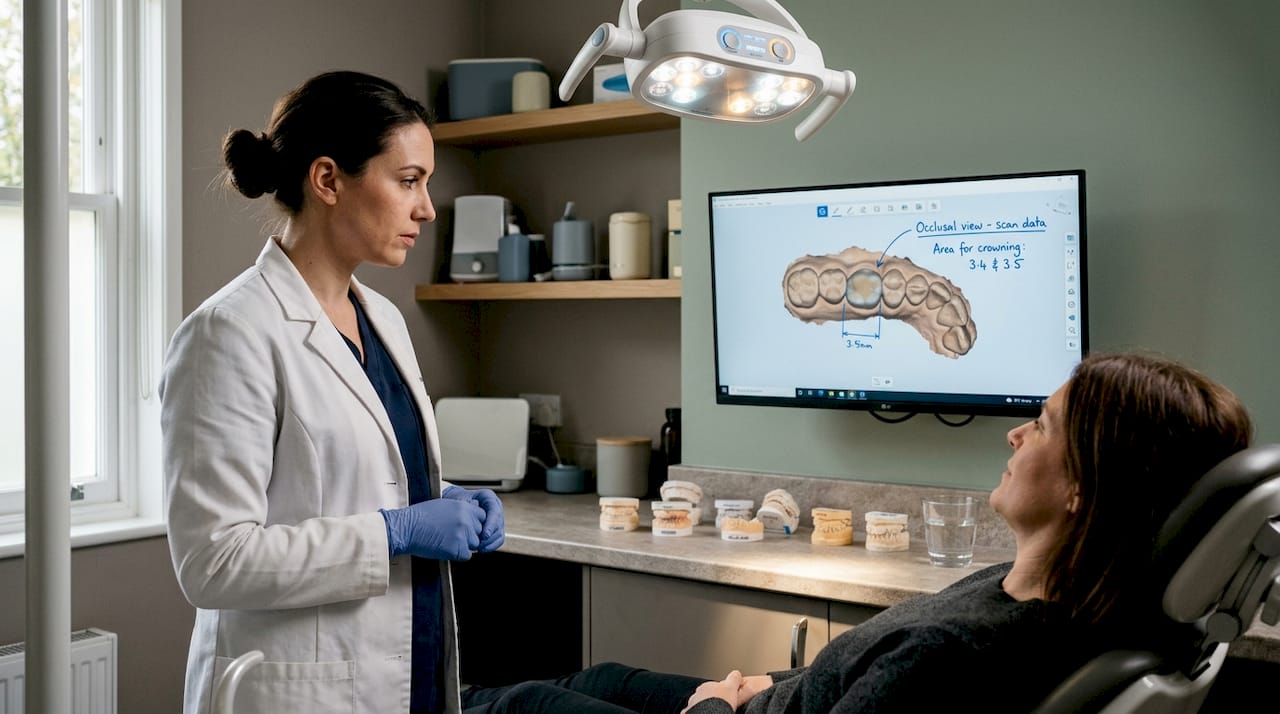 Escena ilustrativa de una explicación dental junto a una pantalla con un modelo de dientes