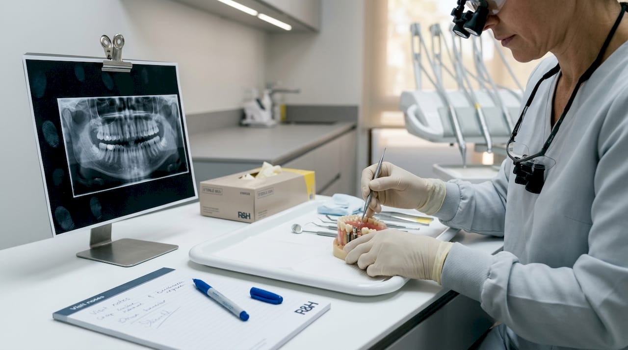 Escena ilustrativa de trabajo con un modelo dental junto a una radiografía