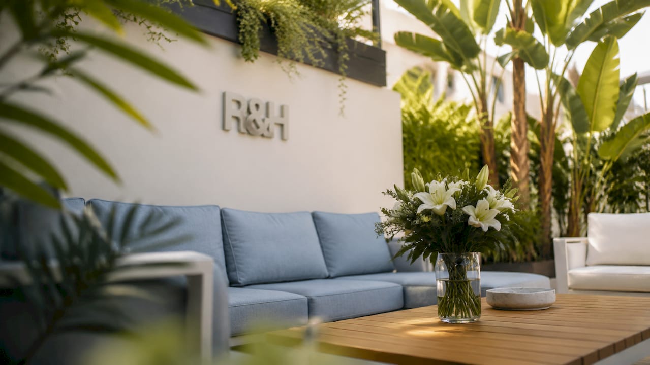 Escena ilustrativa de una sala de espera con plantas y un sofá