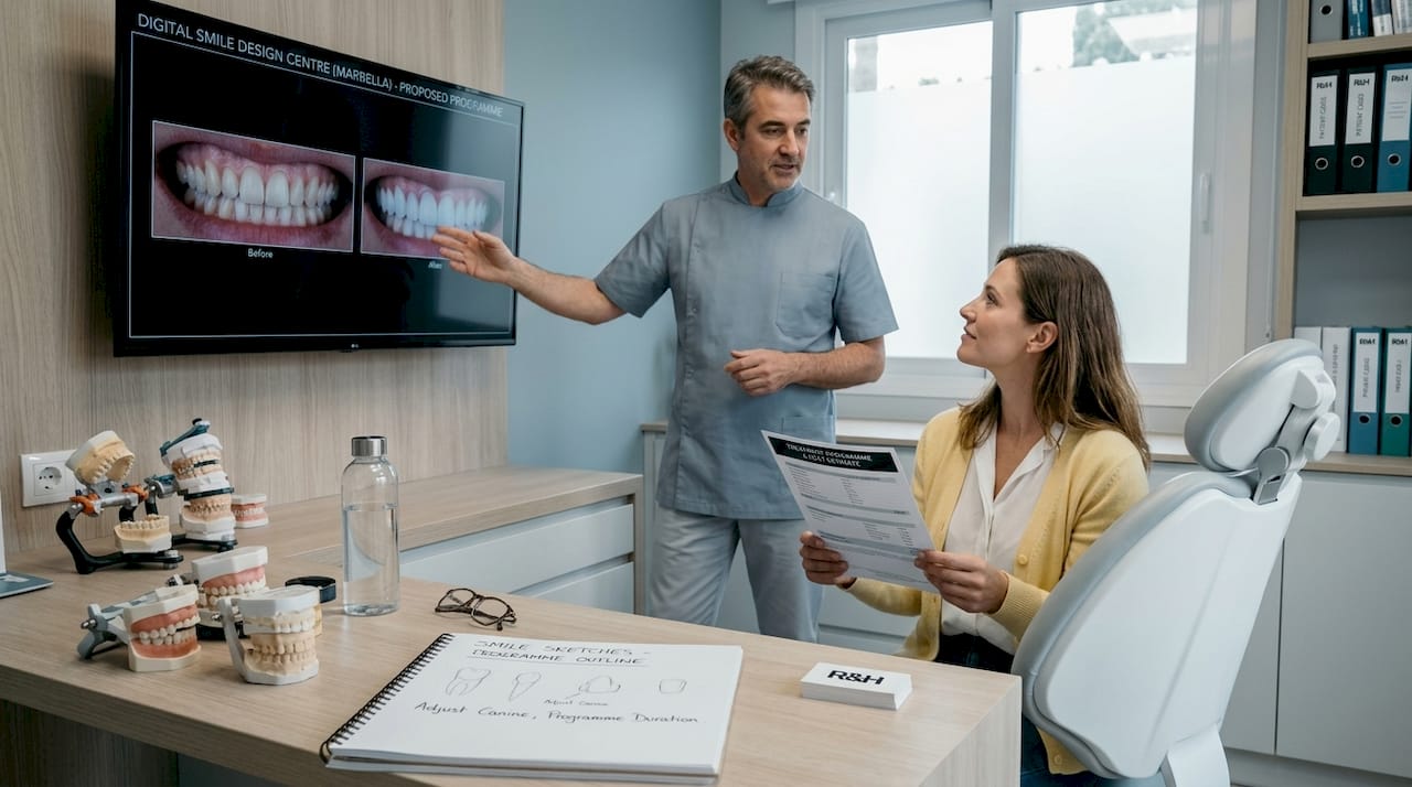 Escena ilustrativa de una consulta sobre una propuesta de sonrisa en una pantalla