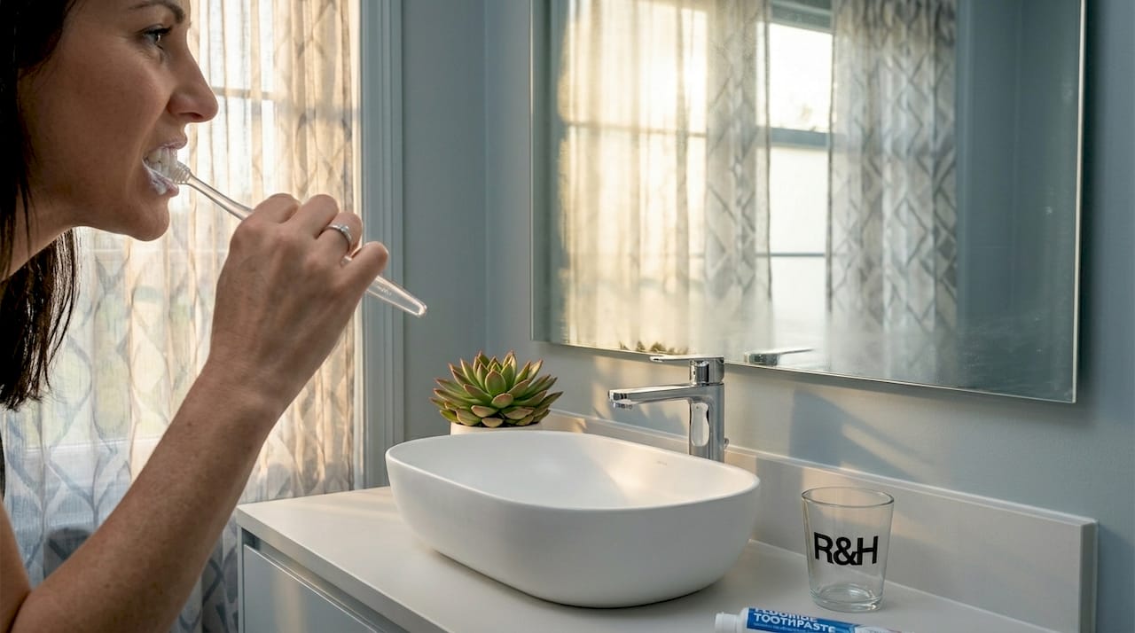Imagen ilustrativa de una mujer cepillándose los dientes junto al lavabo